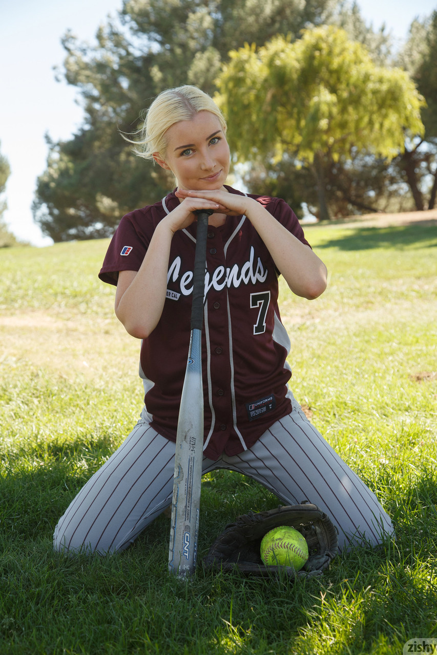 Sporty blonde Morgan Attwood flashing tiny tits & hot ass in a softball field porn photo #424147783