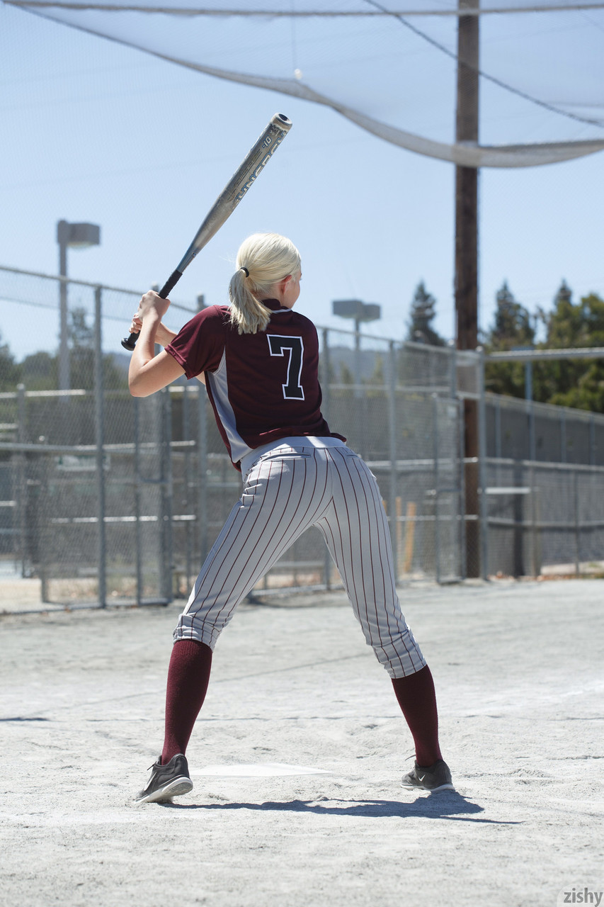 Sporty blonde Morgan Attwood flashing tiny tits & hot ass in a softball field porn photo #424147786