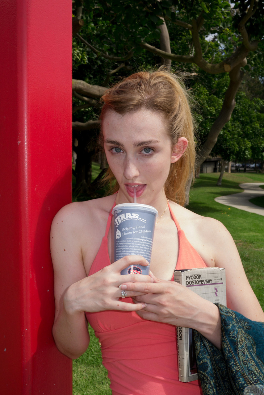 Slutty teen in a skimpy red dress Phoebe Keller giving an upskirt in public foto porno #424609544
