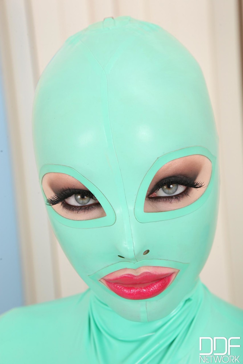 Babe in an aqua-blue latex suit Latex Lucy gets rammed by a masked man foto porno #427116502