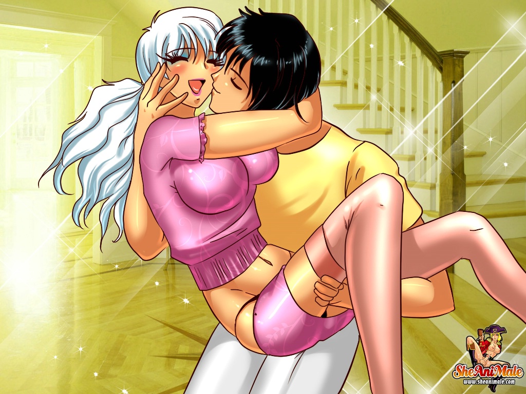 Animated Tranny With White Hair Shows Her Huge Juggs And Rides A Guy's Cock