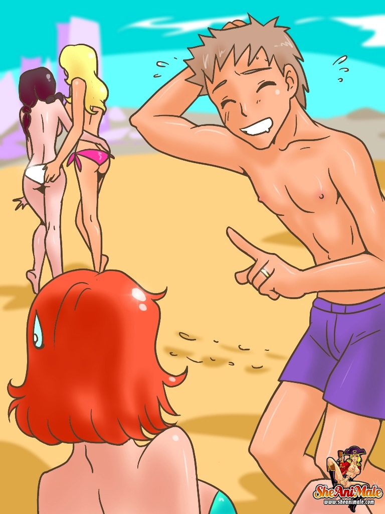 Horny Animated Transsexuals With Big Juggs Fucking Hot Dude On The Beach