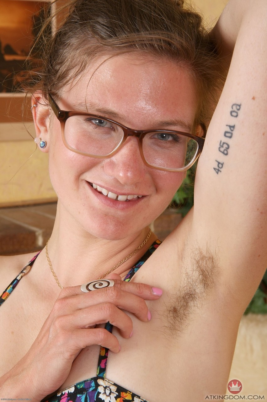Nerdy amateur Skyler shows her hairy armpits and stretches her bushy vagina porn photo #425181429