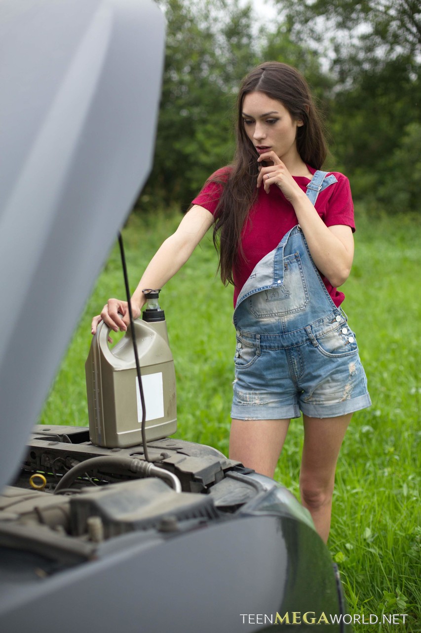 Skinny teen Arwen Gold screws a hiker as he helps her with a broken car photo porno #426539748