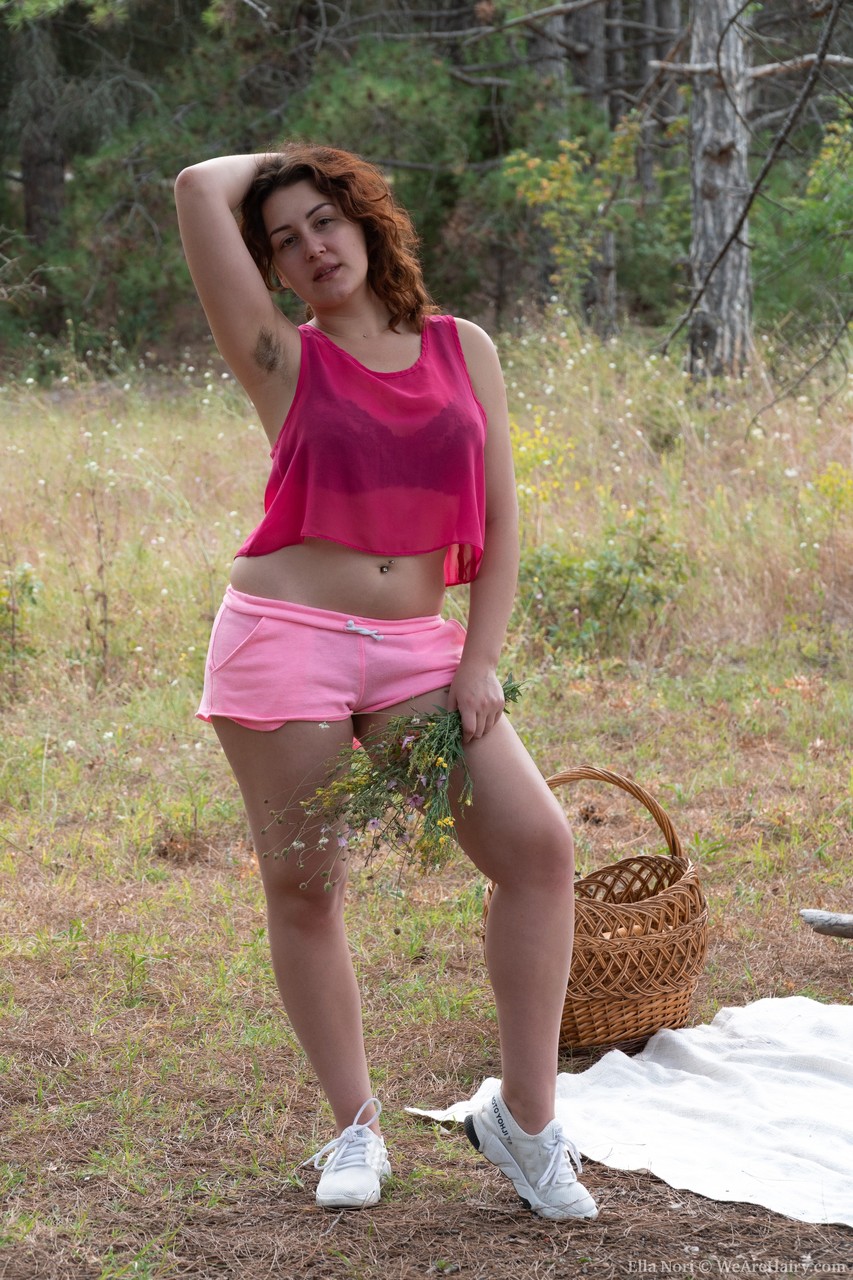 Amateur Ella Nori shows her hairy armpits before masturbating outdoors porn photo #428350246