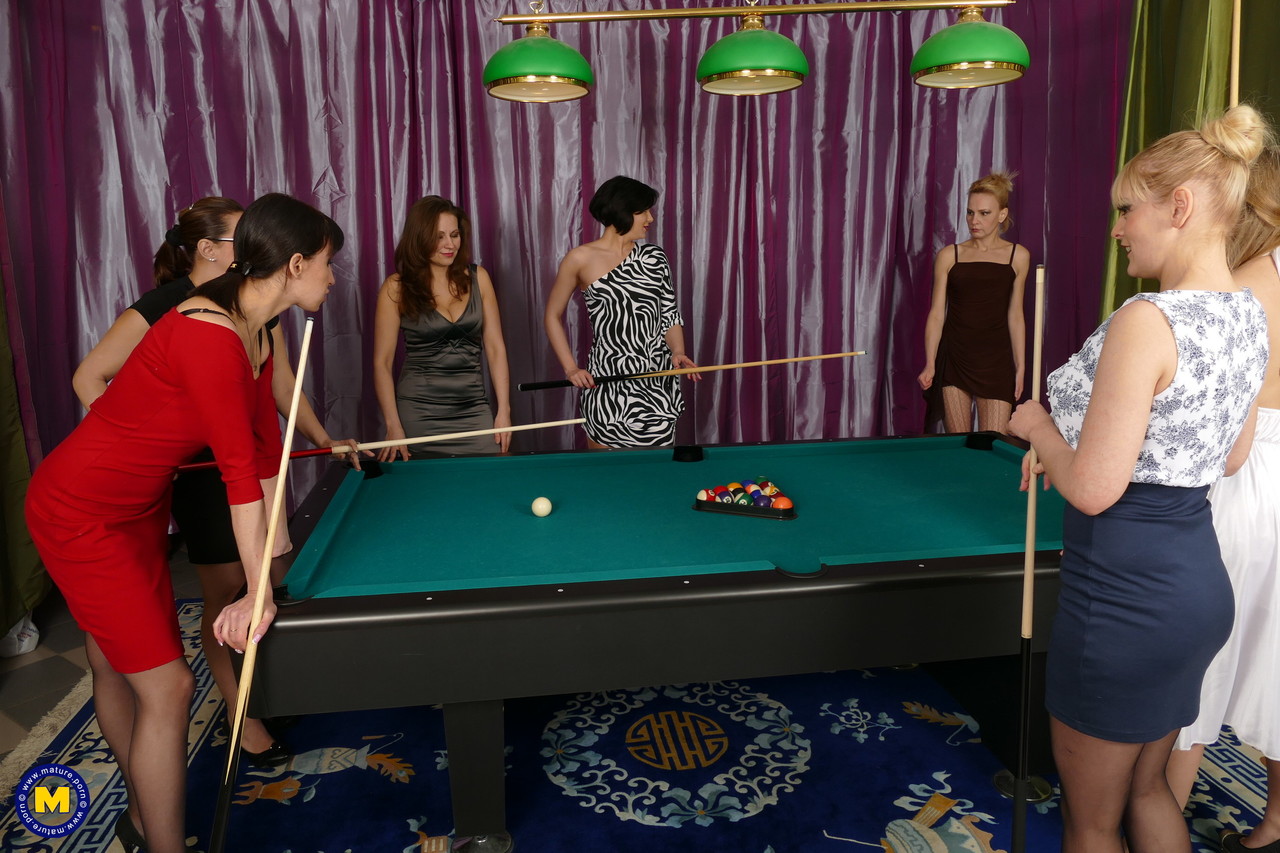 Slutty lesbians having groupsex with cue sticks while playing pool porn photo #428714318