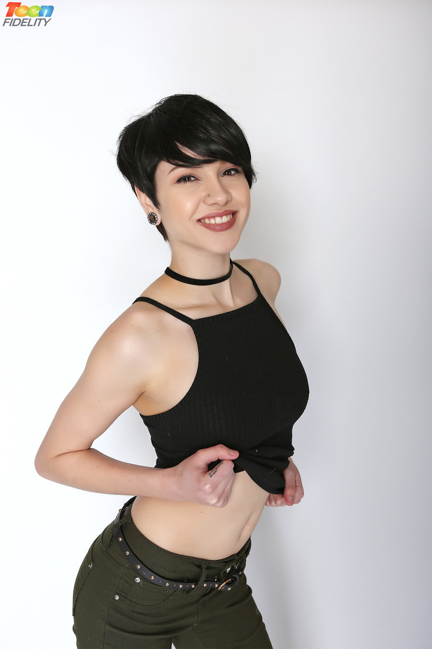 Short haired hot girl Cadey Mercury unveils her tiny tits in solo stirptease photo porno #423805996