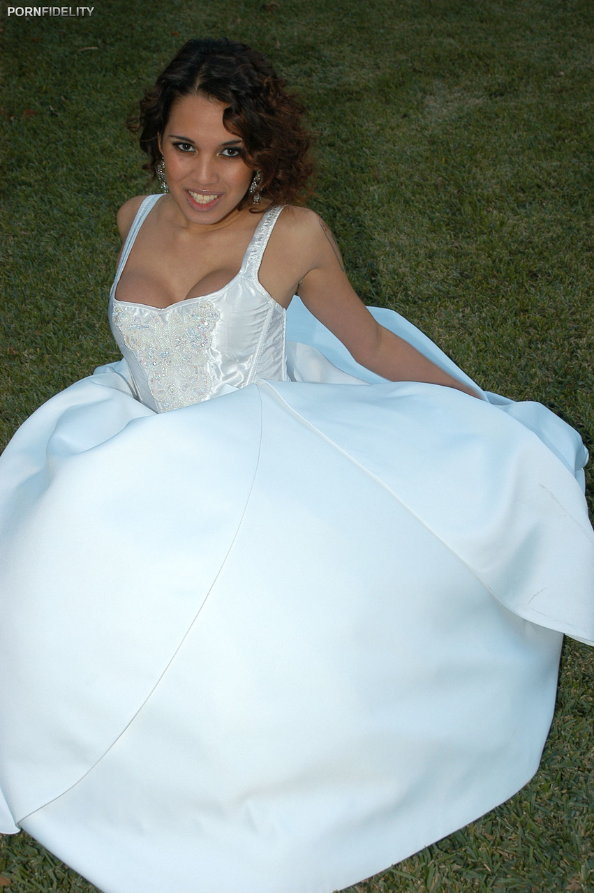 Latina bride Renae Cruz hikes her wedding dress to masturbate on the lawn porn photo #426746070