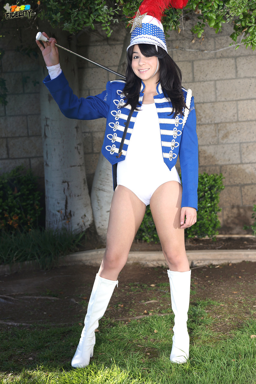 Latina teen Sadie Pop strips off her school's band uniform in backyard porn photo #429154740