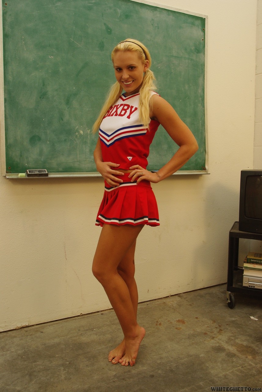 Sassy blonde cheerleader Jamey James sucks cock & dominates guy in classroom porn photo #422745922