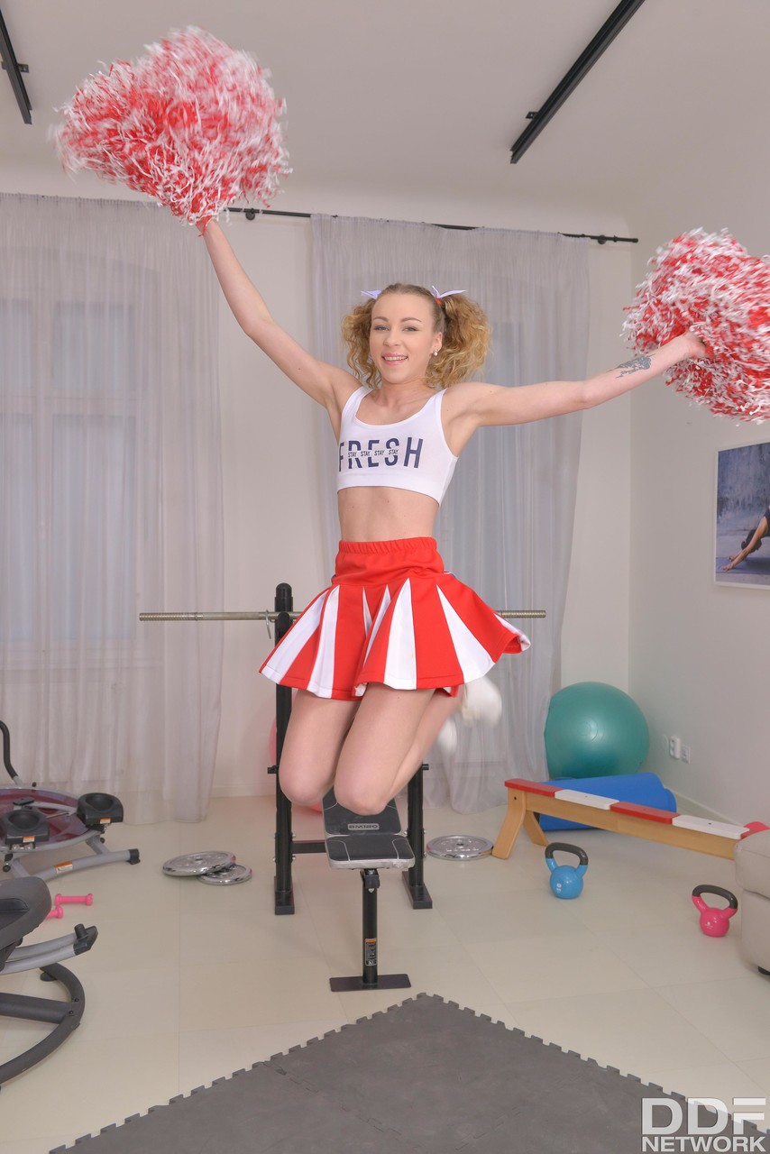Cutie cheerleader Angel Emily in pigtails doffs uniform for three-way ass fuck porn photo #422799751