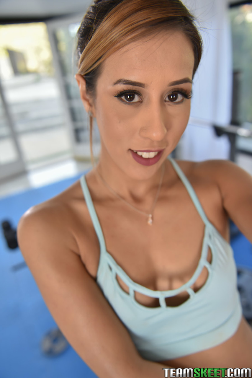 Sexy fit Demi Lopez oils up heart shaped hot ass & catches cumshot at the gym porn photo #424632857