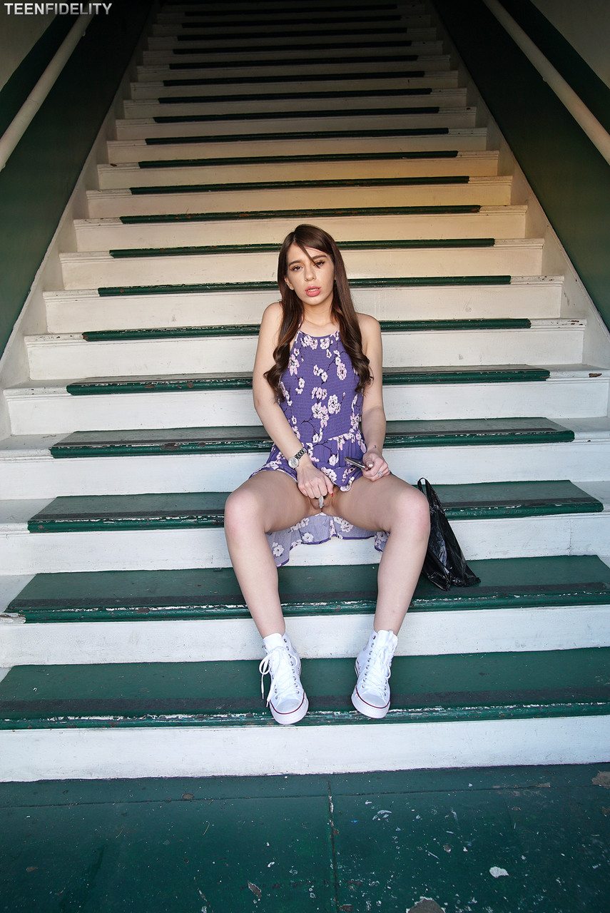 Petite teen cutie Joseline Kelly spreads on the steps for sheer panty upskirt porn photo #424757145