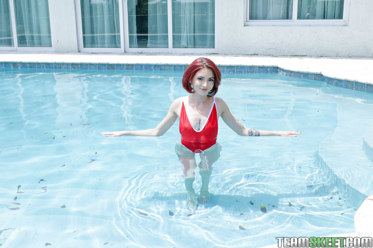 Petite redhead Lola Fae flashing pussy poolside in her sexy red swimming suit foto porno #428734057 | Teens Love Anal Pics, Brick Danger, Lola Fae, Redhead, porno ponsel