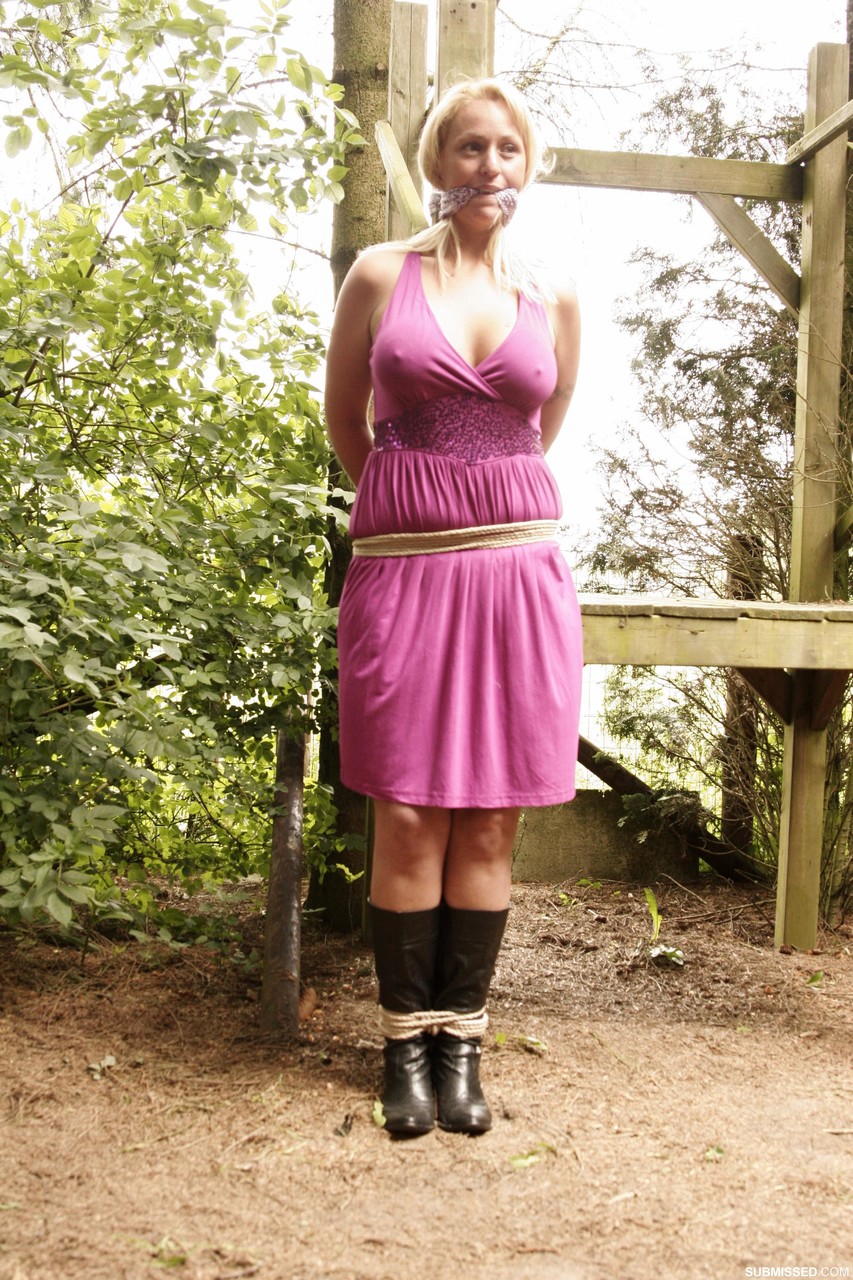 Stacked blonde Deedee tied up with rope & gagged outdoors with her tits bared foto porno #427580475 | Submissed Pics, DeeDee, Bondage, porno mobile