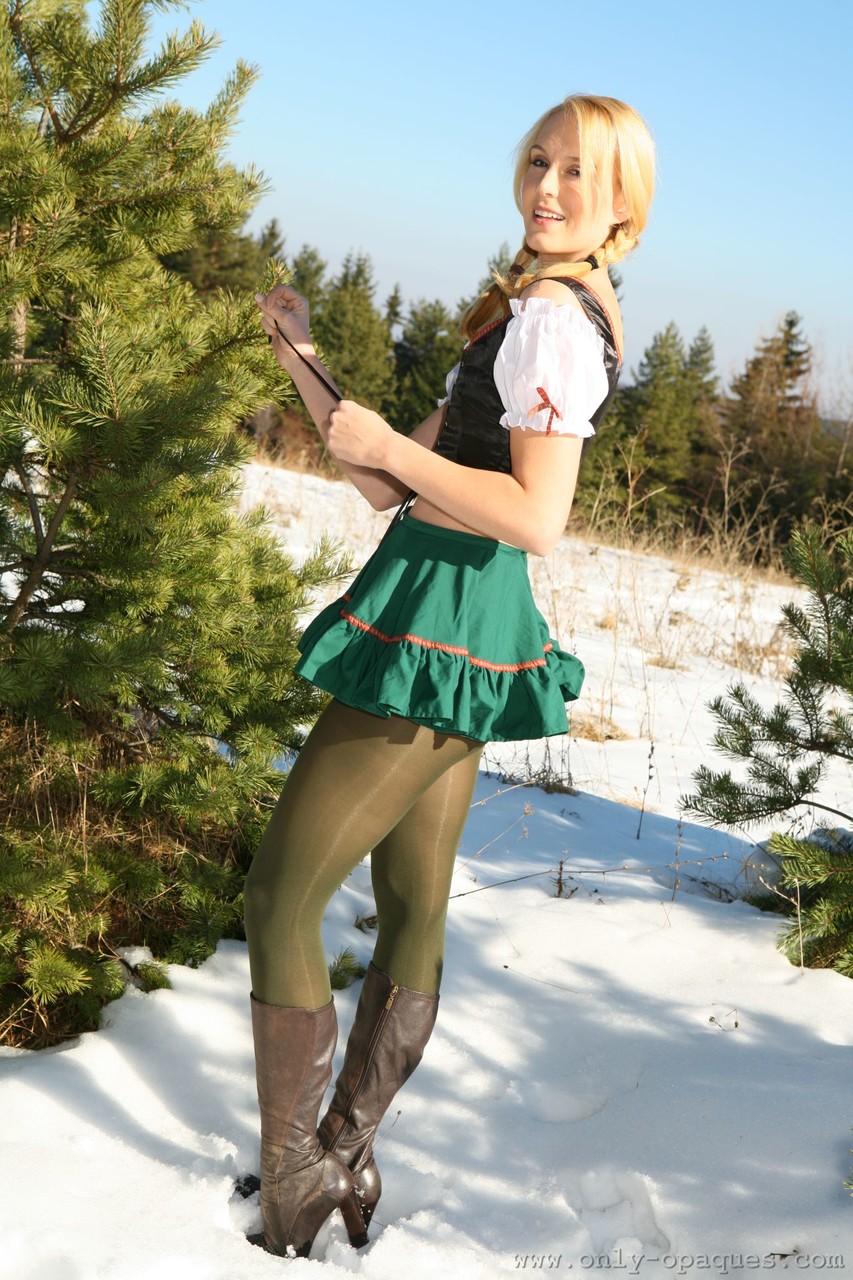 Hottie with pigtails Joceline doffs her green skirt & teases in the snow ポルノ写真 #422780094 | Only Opaques Pics, Joceline Brook, Boots, モバイルポルノ