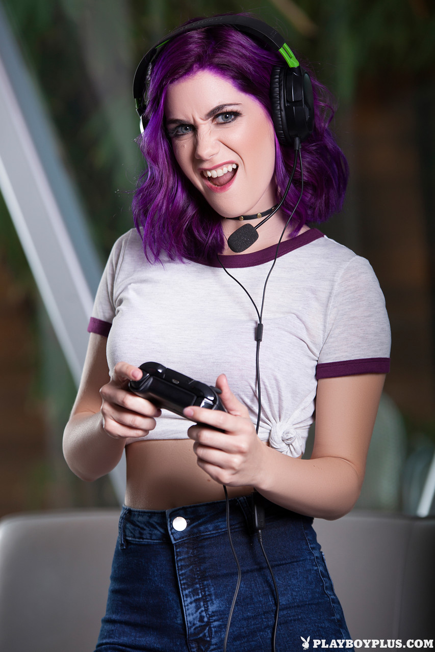 Purple haired nerdy girl Lo takes off her shorts and shows her naked body foto porno #428168415
