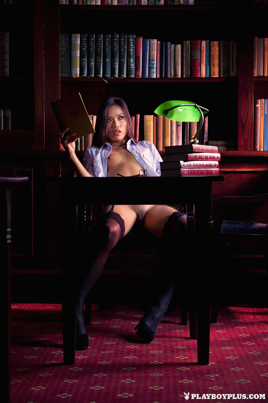 Alluring centerfold Apple Wang doffs lingerie & poses naked in the library porn photo #424592994