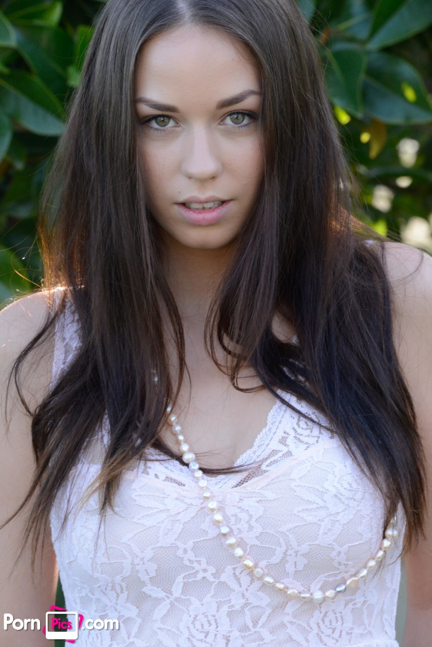 Brunette teen Madi Meadows strips in the garden & displays her trimmed cooch porn photo #426814938