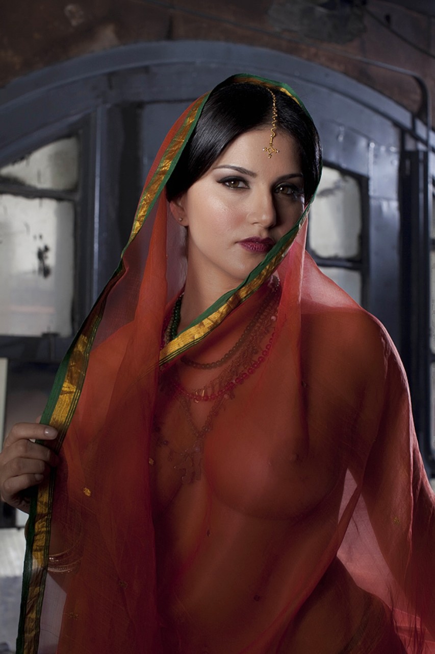 Busty solo girl Sunny Leone models solo in see thru Indian attire porn photo #423917487