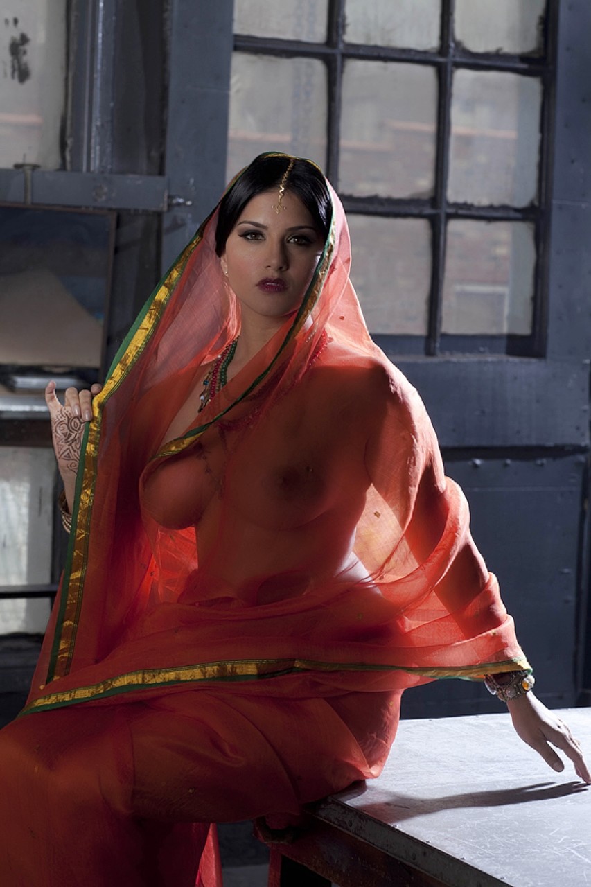Busty solo girl Sunny Leone models solo in see thru Indian attire porn photo #423917497