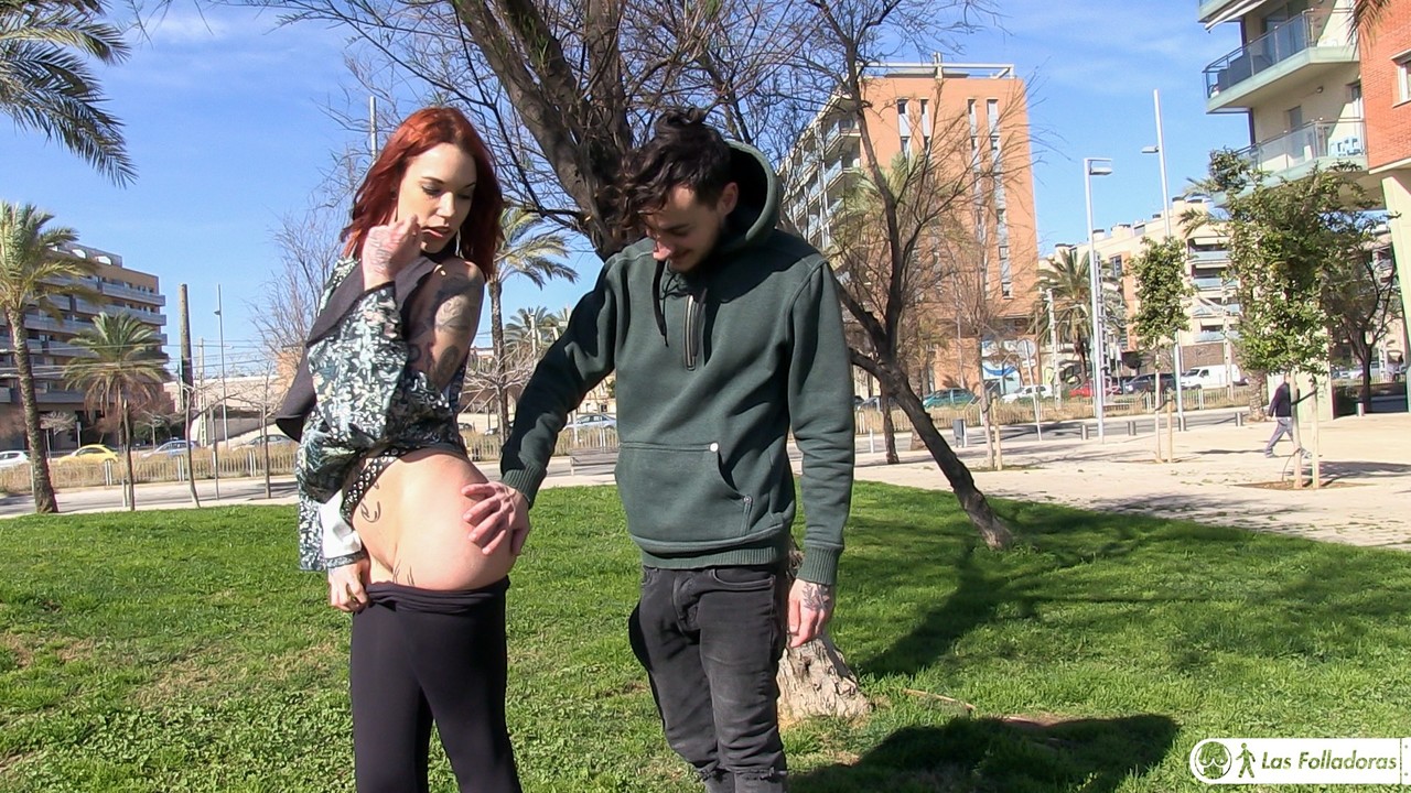 Slutty tattooed Spanish girl flashes small tits outdoors & has MMF threesome porn photo #429032998