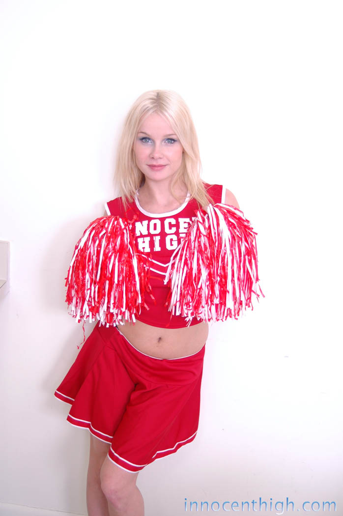 Blonde cheerleader Kylee Crista teasing with tits & shaved pussy in uniform porn photo #422749298