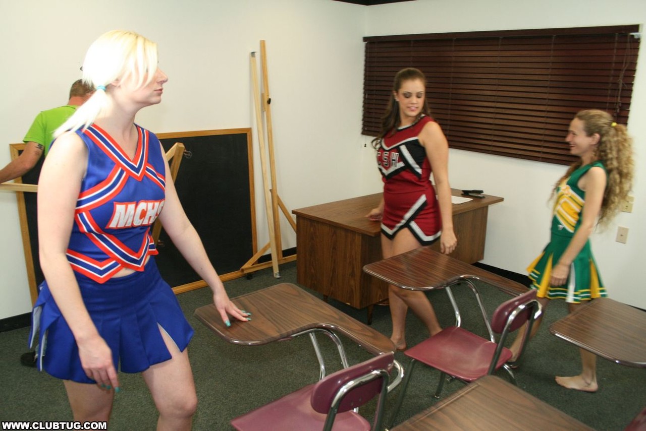 Three naughty cheerleaders show off their blowjob skills in the classroom foto porno #425060244