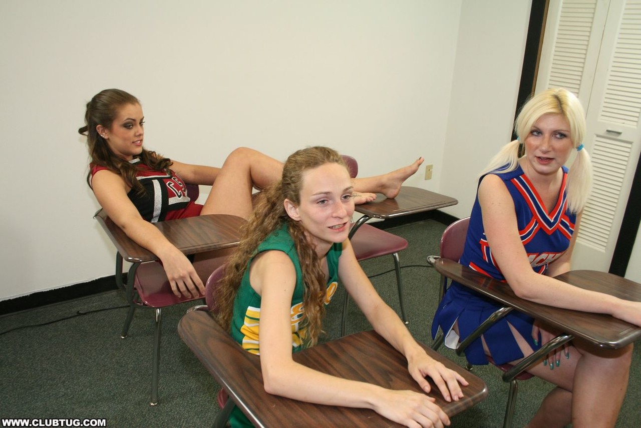 Three naughty cheerleaders show off their blowjob skills in the classroom foto porno #425060245