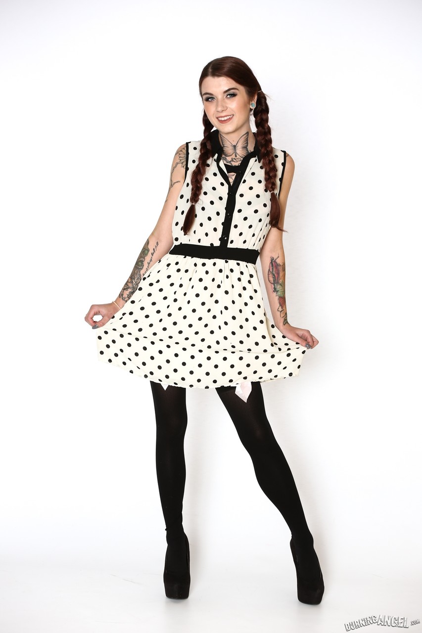Pigtailed cutie Adrianna peels polkadot dress to tease in stockings & heels zdjęcie porno #428268669