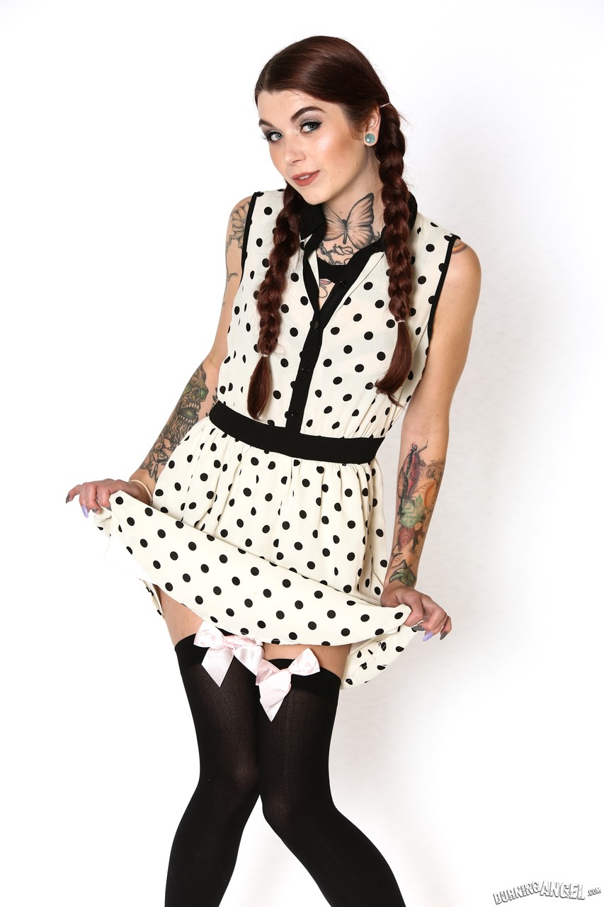 Babe Adriana undresses cute polka dot dress and lingerie to show tattooed body foto porno #422867773