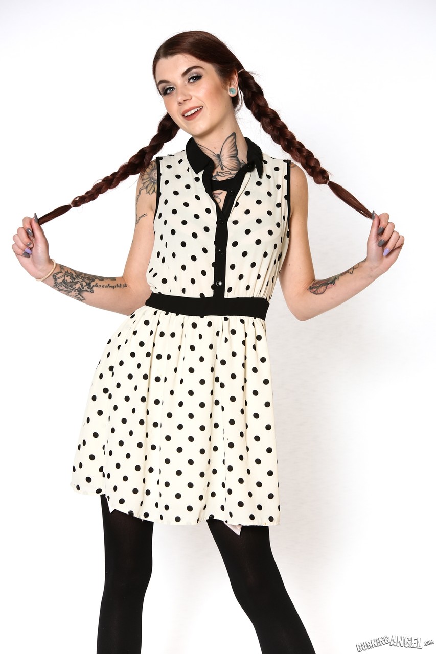 Babe Adriana undresses cute polka dot dress and lingerie to show tattooed body Porno-Foto #423662974