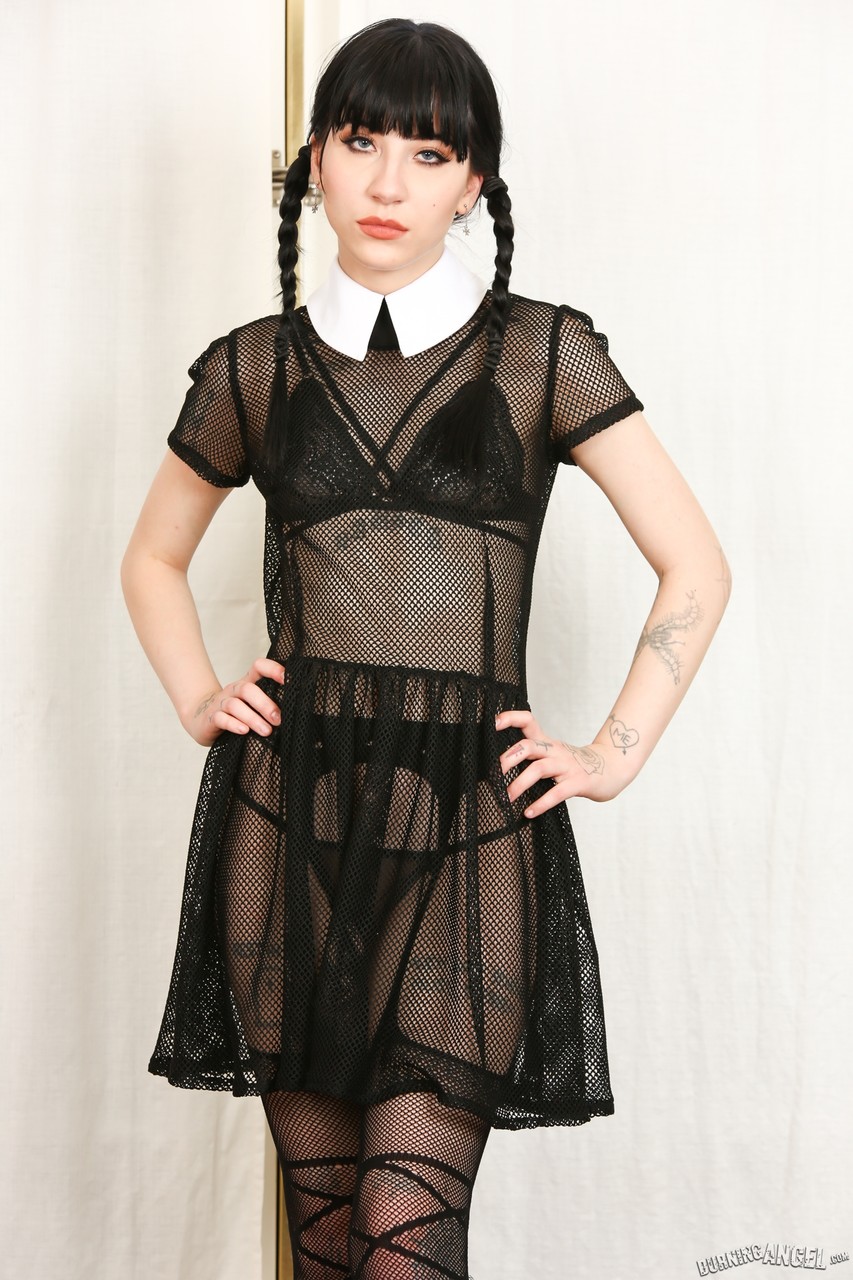 Tall thin Charlotte Sartre as Wednesday Addams strips sheer dress to spread ポルノ写真 #424337754