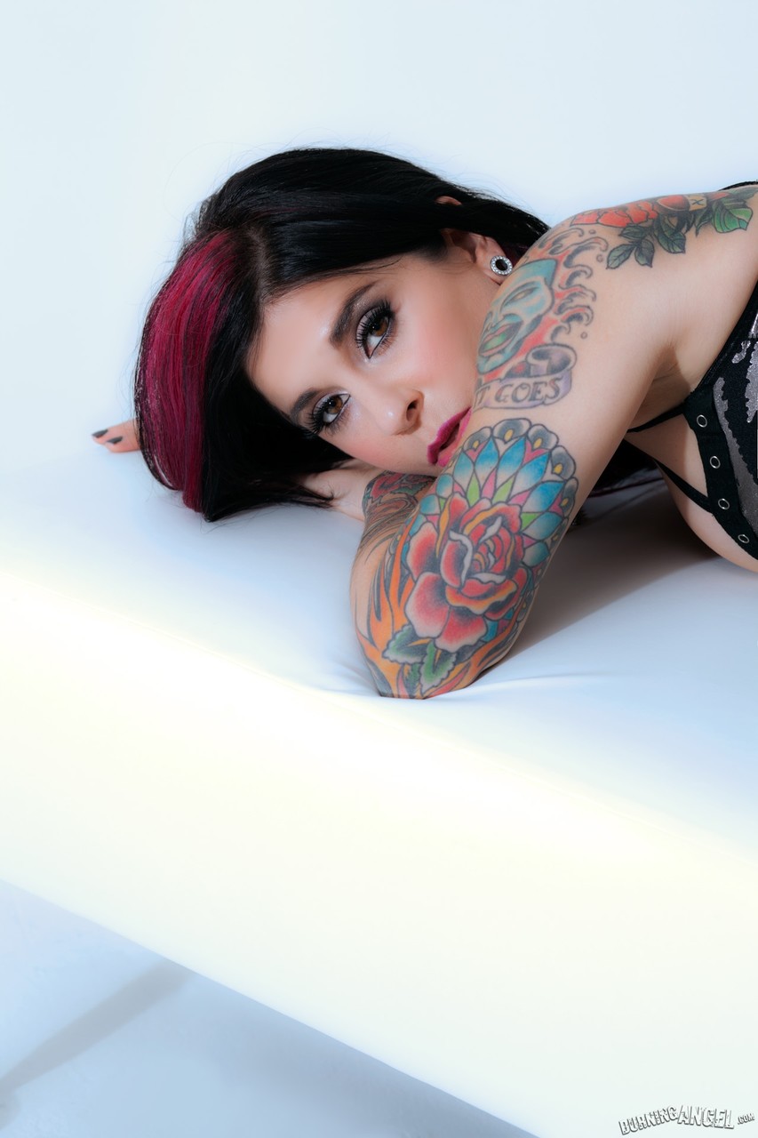 Erotic tattooed Joanna Angel in latex lingerie toys shaved pussy seductively porno foto #428510326