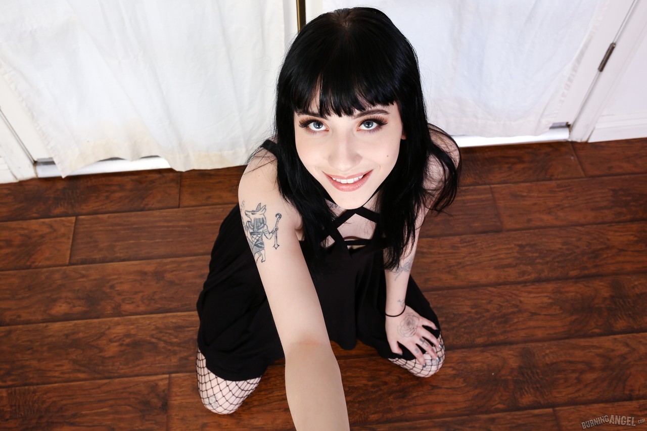 Petite Goth slut Charlotte Sartre taking off black dress and exposing pussy foto porno #423496348