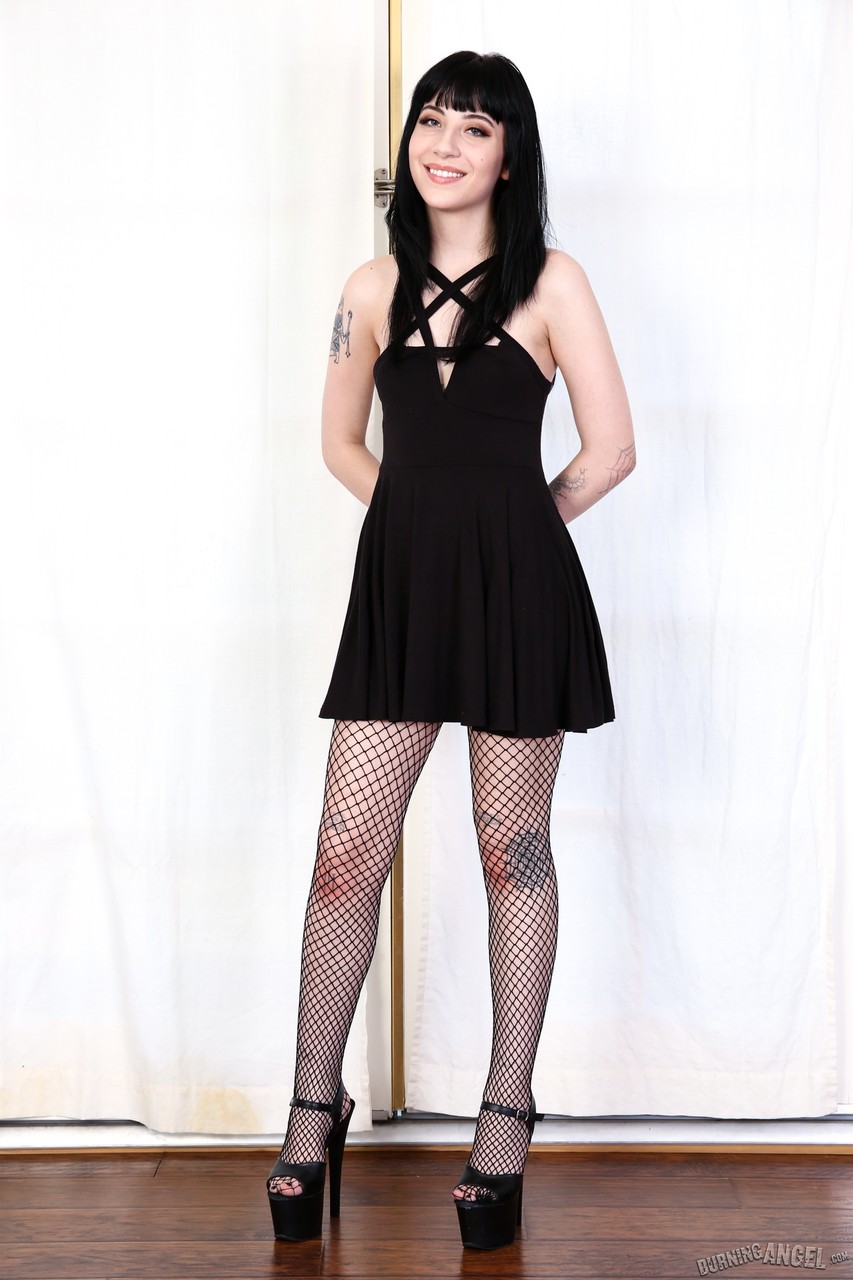 Petite Goth slut Charlotte Sartre taking off black dress and exposing pussy foto porno #422859987