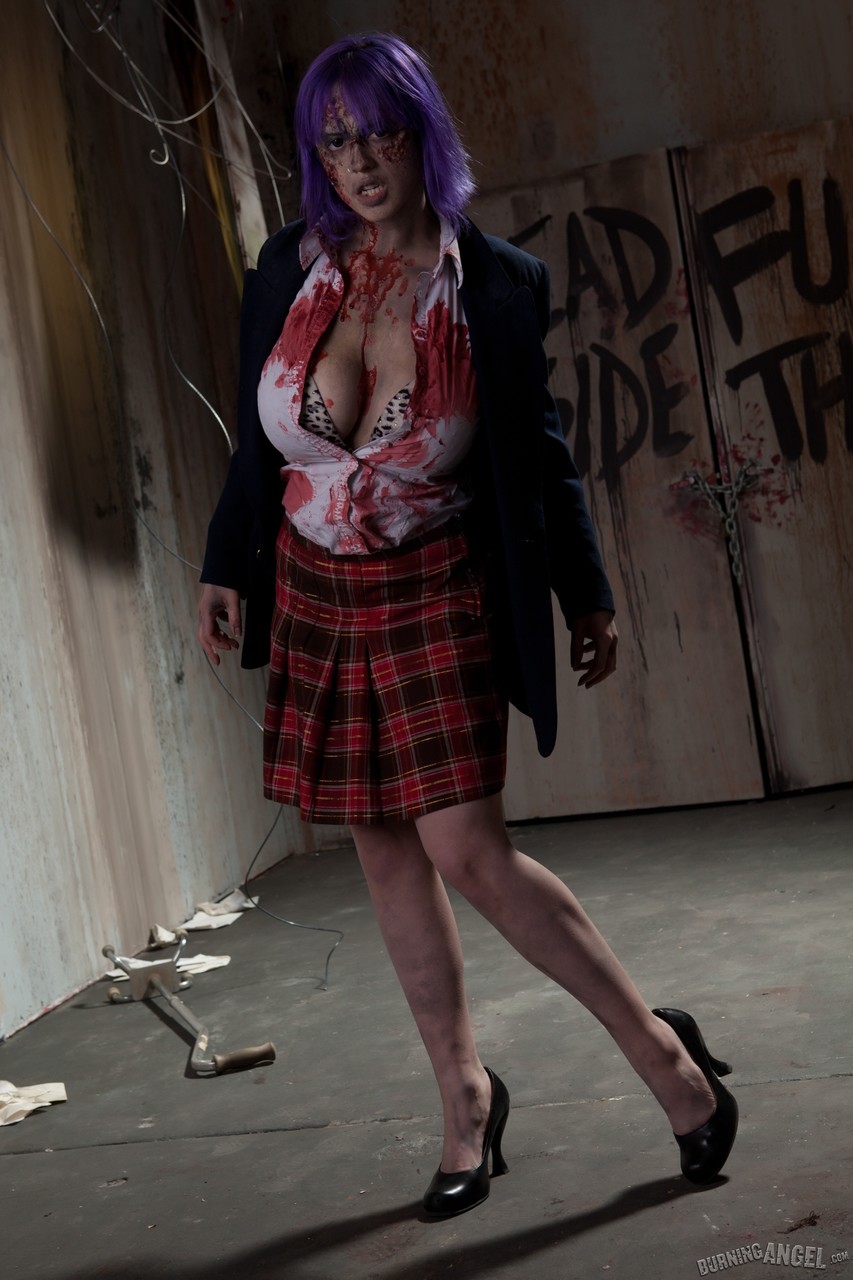 Busty zombie in schoolgirl skirt spreads pussy lips with big tits hanging free foto porno #425935669