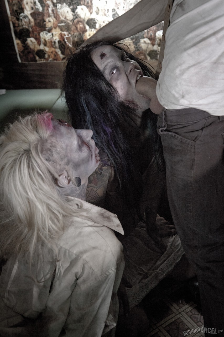 2 punk girls in scary makeup tongue kiss at end of a 3some parody porn photo #423030573