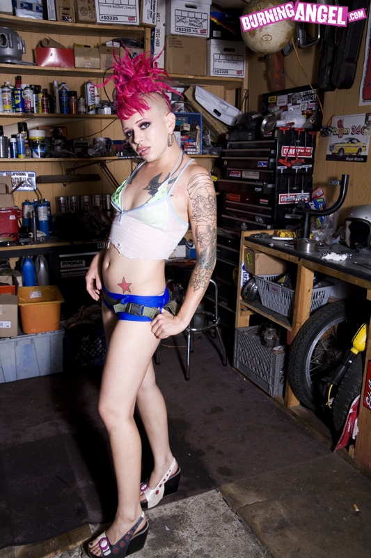 Punk girl with pink hair slips off her tool belt and booty shorts to pose nude porn photo #423590552