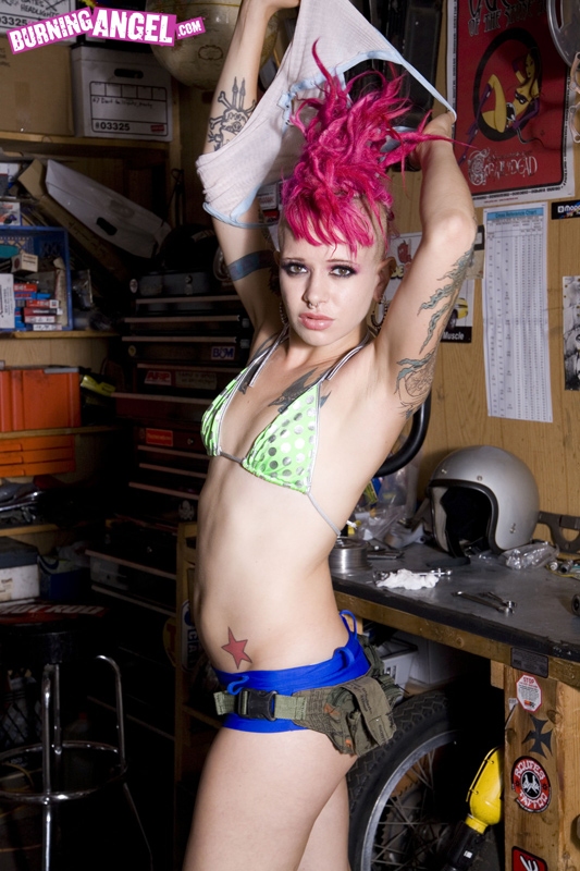 Punk girl with pink hair slips off her tool belt and booty shorts to pose nude photo porno #423590631
