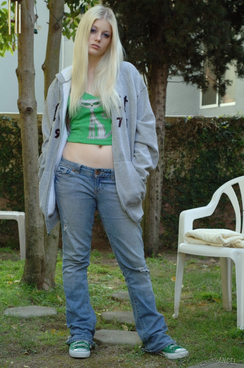 Pale Blonde Teen Peels Her Green Threads Outdoors To Reveal Firm Tits Finger