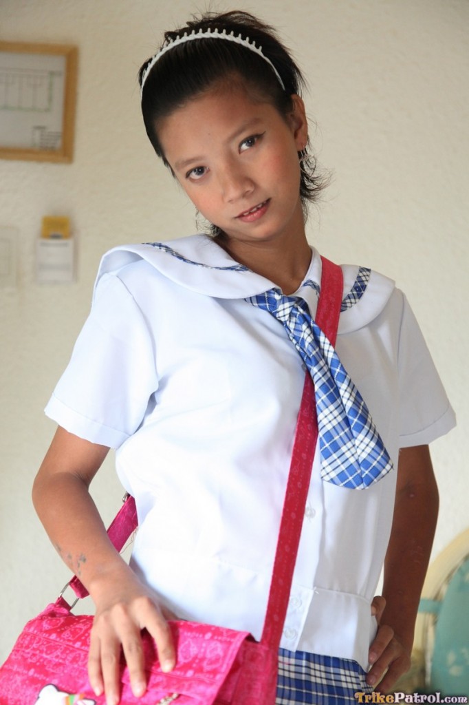 Petite Filipina schoolgirl Sally in uniform flashes panty upskirt & teen pussy porn photo #428166439