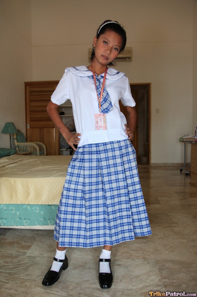 Petite Filipina schoolgirl Sally in uniform flashes panty upskirt & teen pussy porn photo #428166453