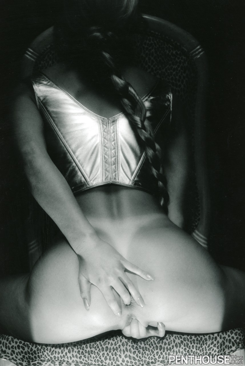 Stunning MILF Penthouse model fondles big fake tits in black & white tease porno fotky #428485215
