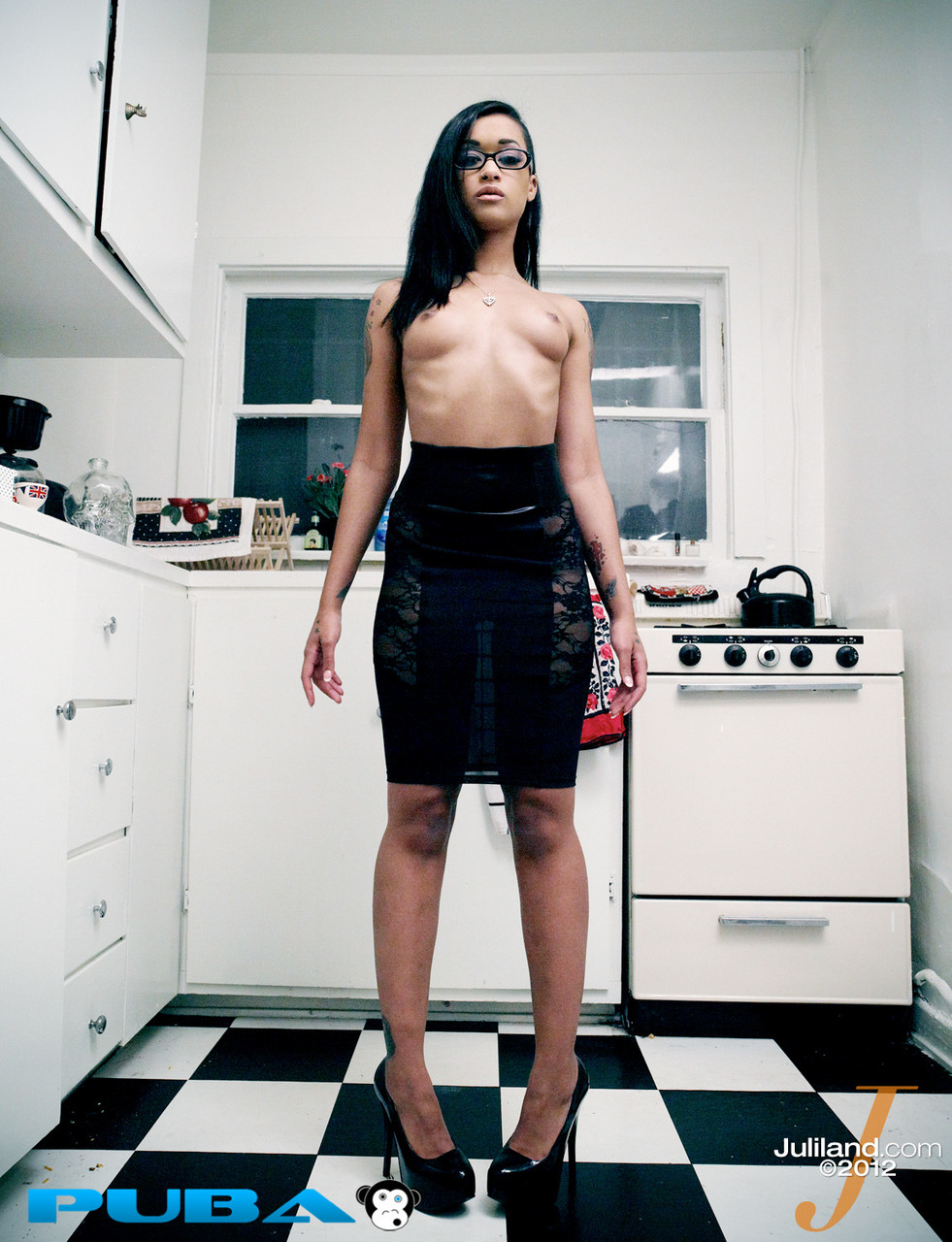 Nerdy ebony chick Skin Diamond hikes her skirt and takes off her panties porn photo #425439676
