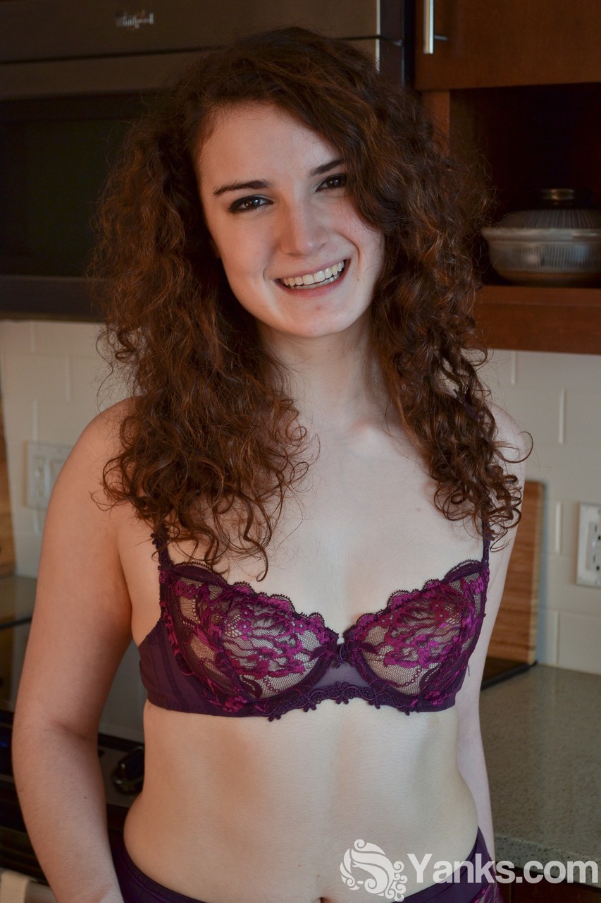 Sweet curly haired teen Endza reveals her sexy ass & black lingerie in ktichen porn photo #425747072