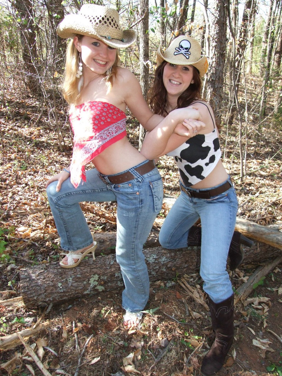 Cowgirl lesbians Kitty and Anna show their titties in the forest porn photo #427006705