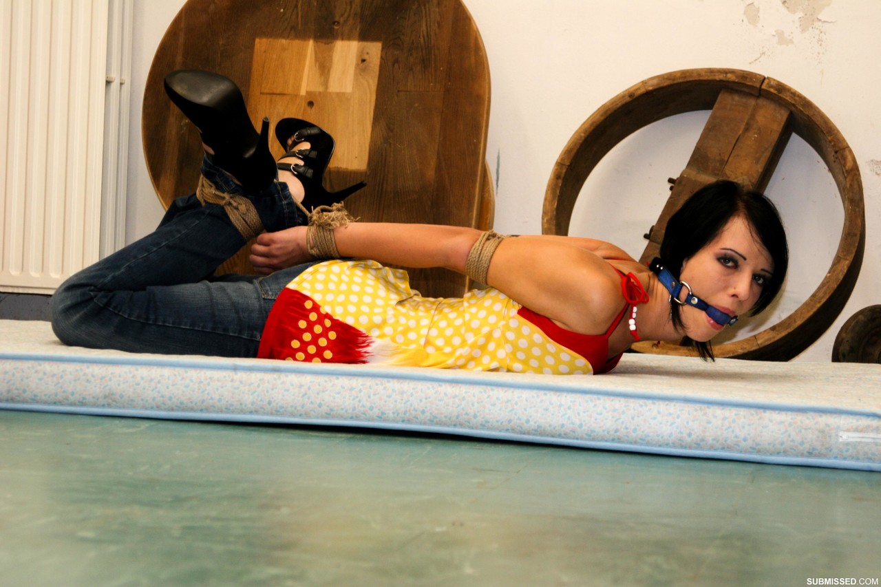 While fully dressed, the ball-gagged brunette Lucy is hogtied by her master.