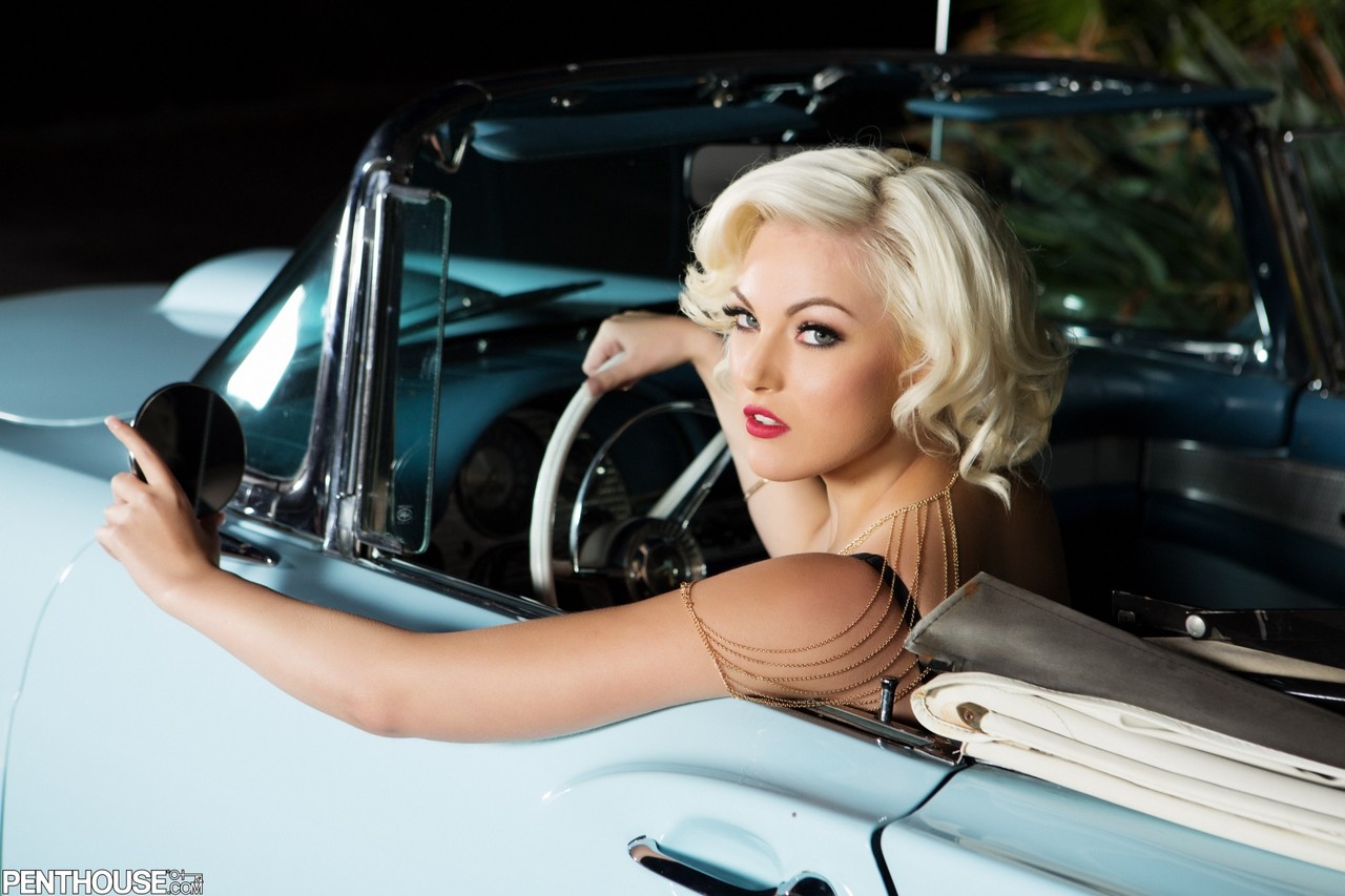 Platinum blonde centerfold Jenna Ivory strips naked and poses in a classic car porn photo #428454326