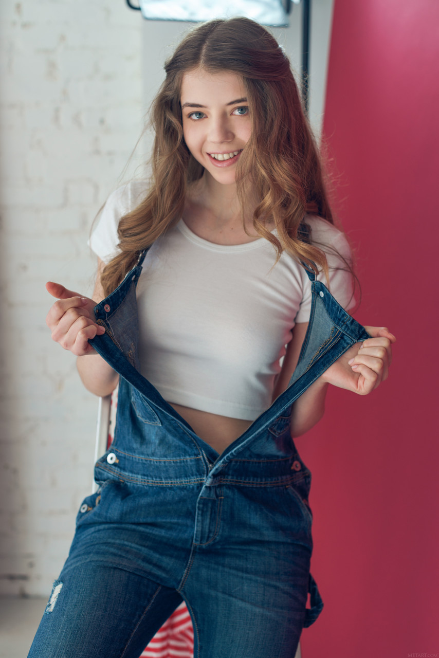 Adorable Teen Kay J Strips Her Suspenders Panties To Spread Her Pussy